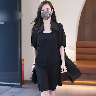 高级感黑色中长款雪纺衬衫连衣裙套装大码女装显瘦吊带裙两件套女