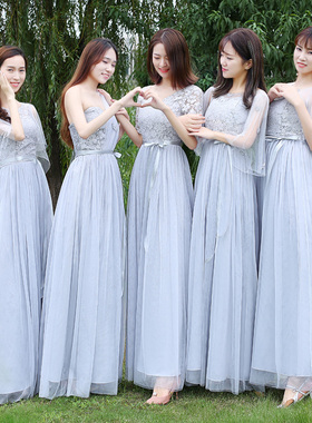 伴娘服长款2021新款灰色姐妹团伴娘服演出裙小礼服中袖年会晚宴服