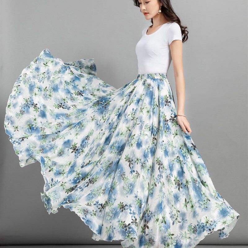 720度夏季雪纺半身裙a字跳舞薄款大摆裙大码胖mm显瘦遮肚拖地长裙