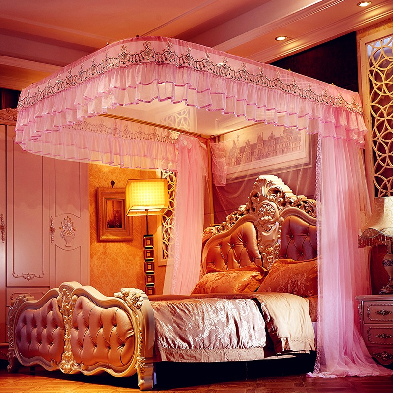 U型导轨道蚊帐三开门落地宫廷公主1.5m1.8米2双人床伸缩蚊帐家用