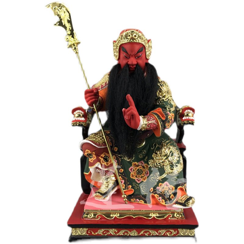 樟木漆线雕神像 剑指关公木雕摆件 手工木雕九莲供奉像 可定制木