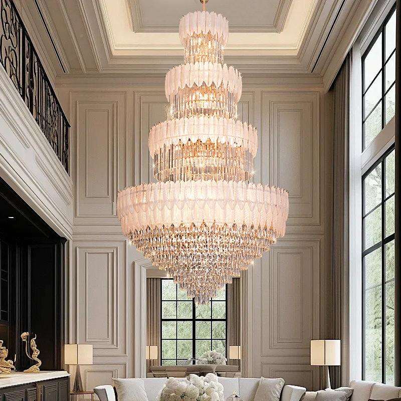 复式楼大吊灯别挑旋转楼厅梯现代法式大厅客35轻奢空羽毛水晶灯墅