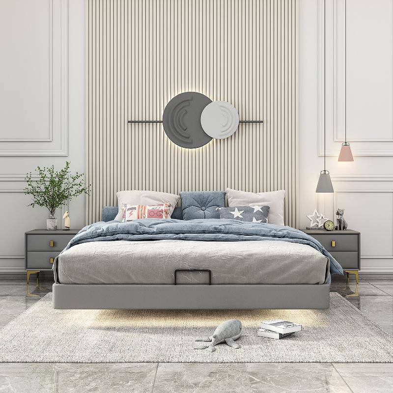 现c55代简约无床8头悬床皮艺床主卧双人床室1.米卧皮浮床厂高箱储