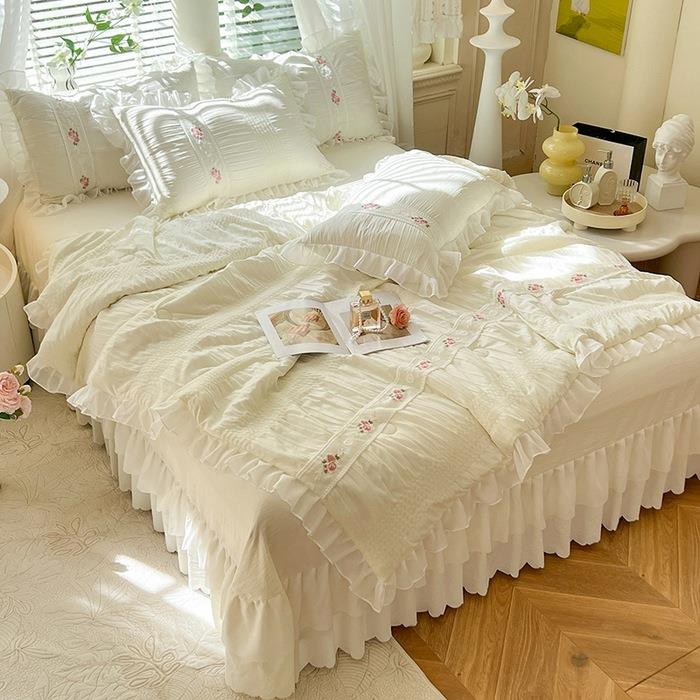 2纱025韩版法式新款床裙床盖款套6548纯色绣花四件件泡泡花边夏被
