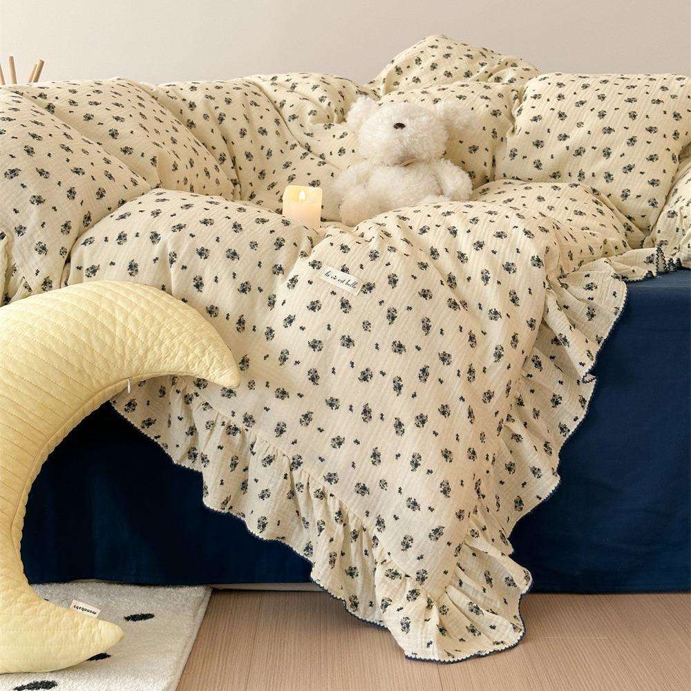 四清新全棉绉纱双层纱三件套小CZ花数码印花荷叶花碎边小被套床品