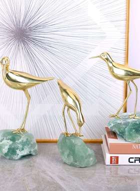 中式铜鸟天然石底座摆件W0280电轻奢新高档厅玄关视柜家居装客饰