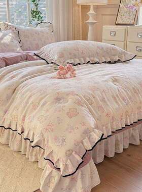 法式针织皱皱单纱夹棉床盖季四件套花边被套四通pxx1004用厚床加