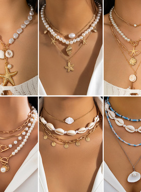 欧美跨境饰品 串珠项链沙滩仿珍珠项饰 海星贝壳复古度假necklace