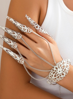 欧美跨境饰品 万圣节哥特风鬼怪连指手链 朋克锥形指甲链指环手饰