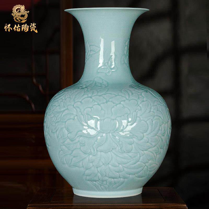 青瓷浮雕天青釉牡丹花景德镇陶瓷器家居客厅特大号花瓶工艺品摆饰