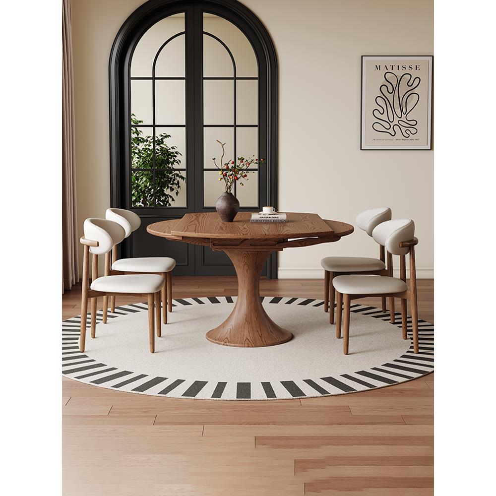 中世纪风格实木餐桌和椅子组合2025新客厅家庭小公寓可伸缩圆形餐