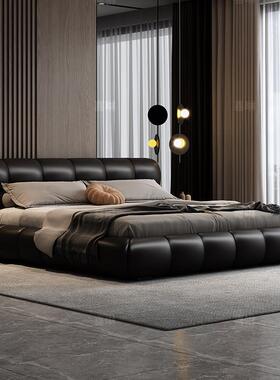意式高端主卧泡芙床轻奢头层真皮软包储物婚床黑色极简风双人大床