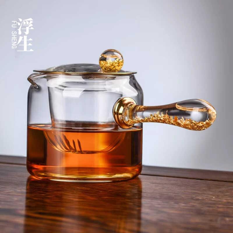 水晶耐热玻璃茶壶耐高温加厚泡茶壶茶水分离金箔侧把煮茶壶可加热