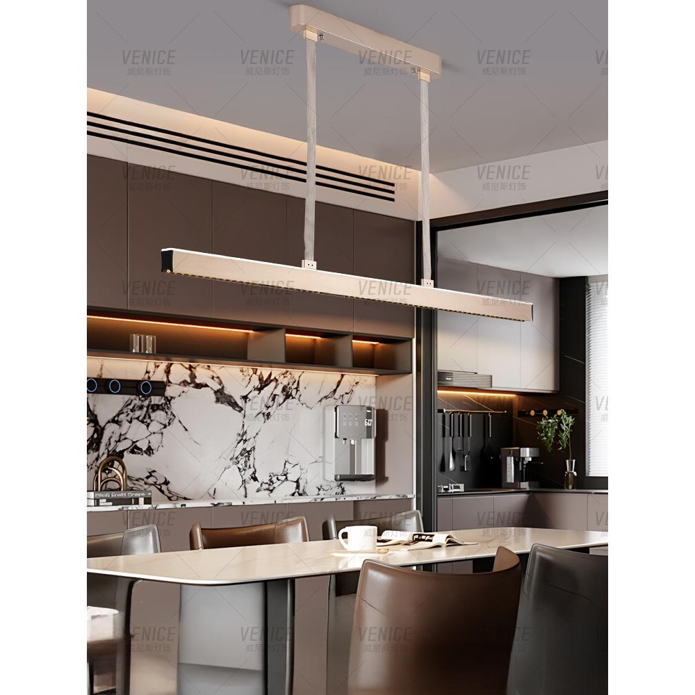 后现代轻奢餐厅吊灯高端一字长条吧台高级感皮带餐桌岛吧台主灯