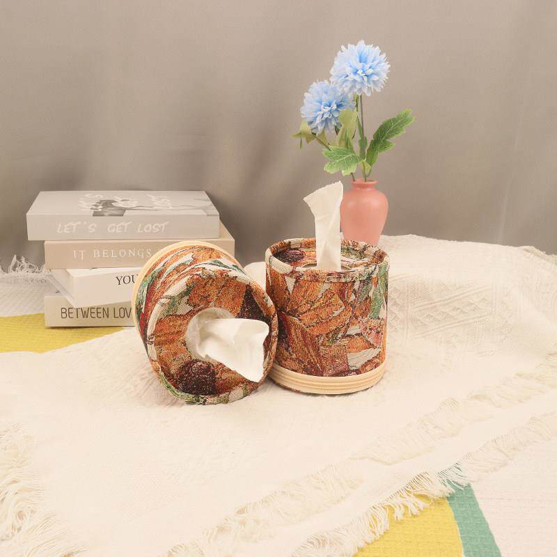 布艺卷纸盒田园客厅桌面茶几收纳盒高档轻奢圆筒圆形盒纸巾套包