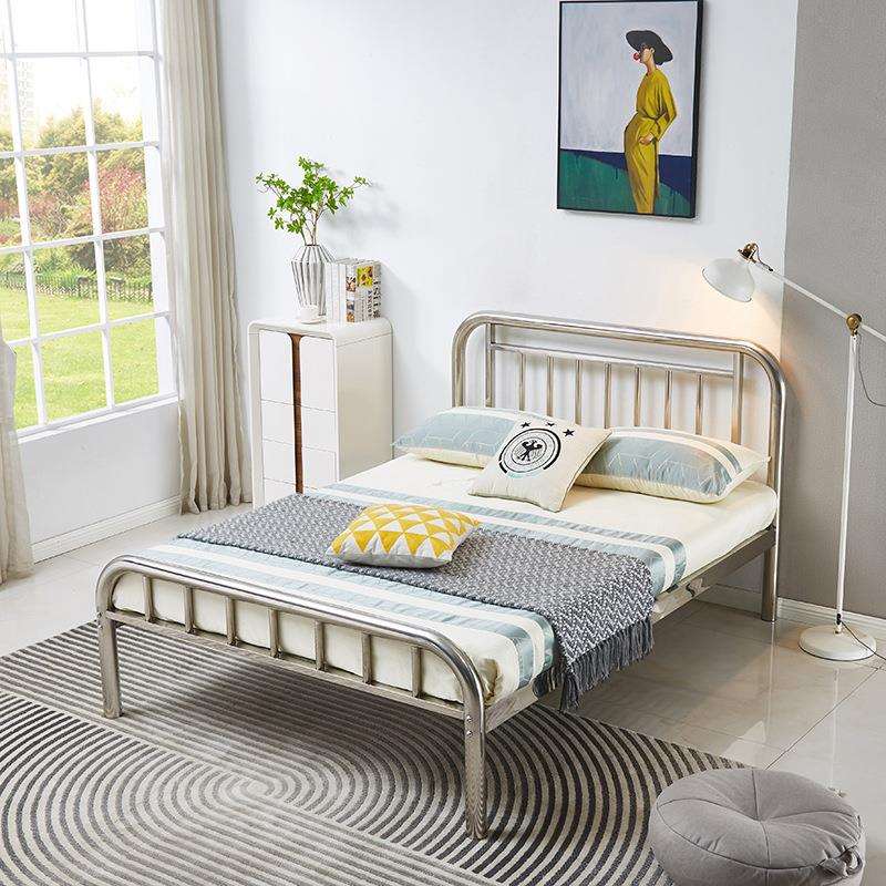 304锈钢床不床铁艺床家双用出租房公寓床铁架床不锈钢人本色双弯
