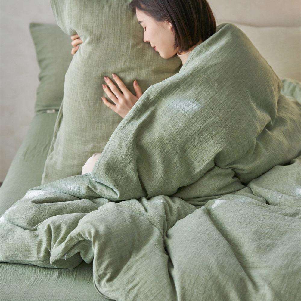 复全棉JJYS纯色层皱皱双纱提花四套纯棉纱布床单被裸套素色睡床件