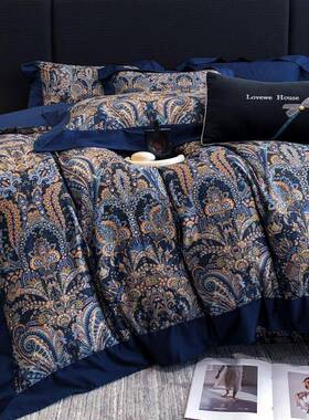 复古风被套1贡四缎床棉纯棉件套4070120印花欧式床单长绒支上用品