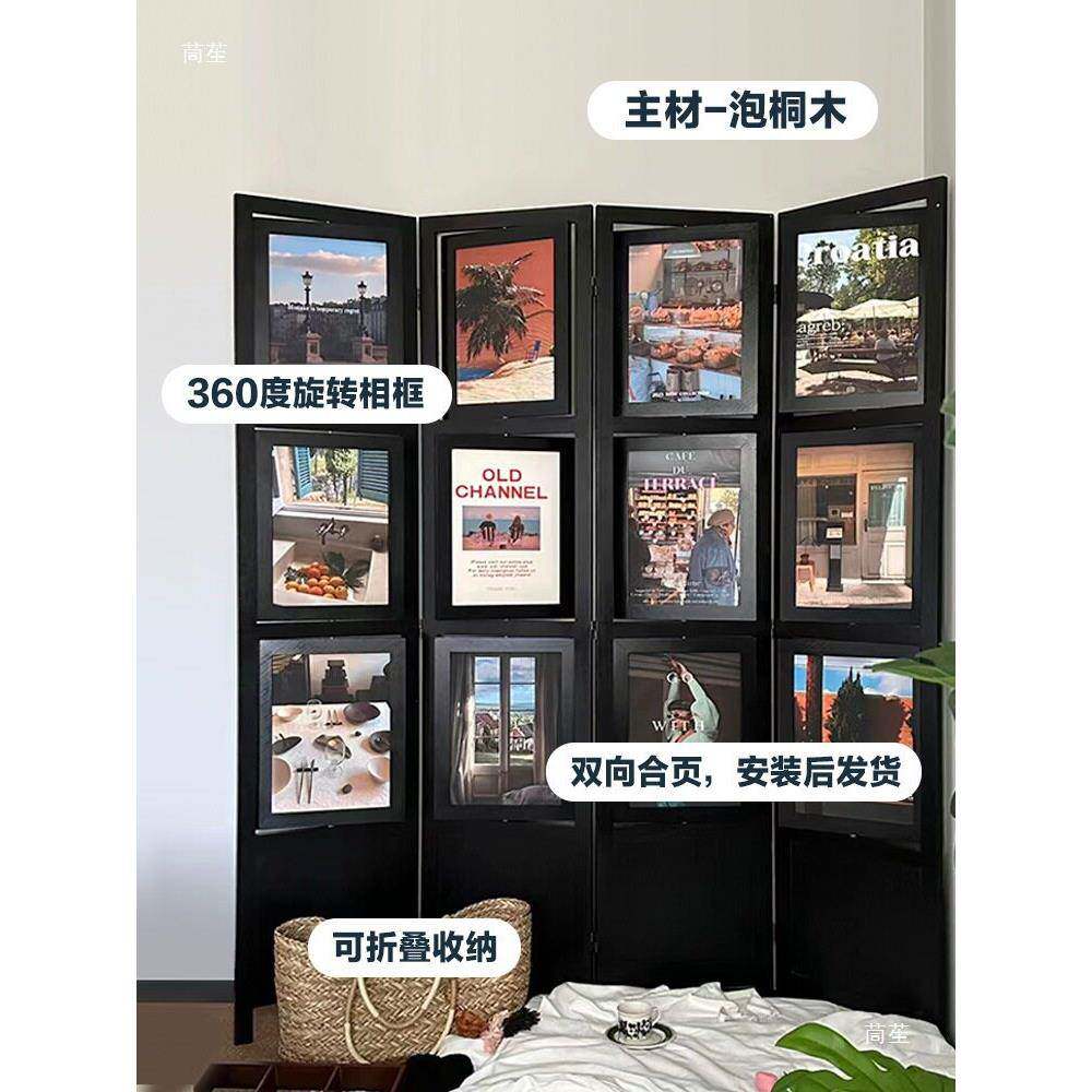 断美式实木移欧式隔客厅动复古黑色奢中古旋转轻相框屏风玄950关