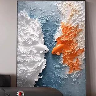 锦鲤轻奢入户体玄关装饰画年年有GEI鱼立感客厅挂画酒店海浮浪雕