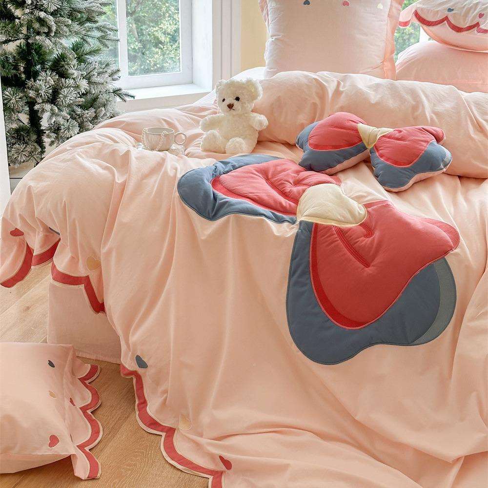 公MIDUO主风少蝴女纯棉四件套结全心棉刺绣被套水蝶洗棉女孩床单