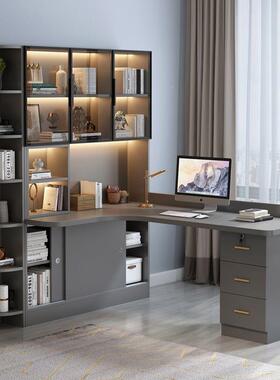 实木转角台式脑桌学书KXZ桌书柜组合一学体电轻奢家用卧室生写字