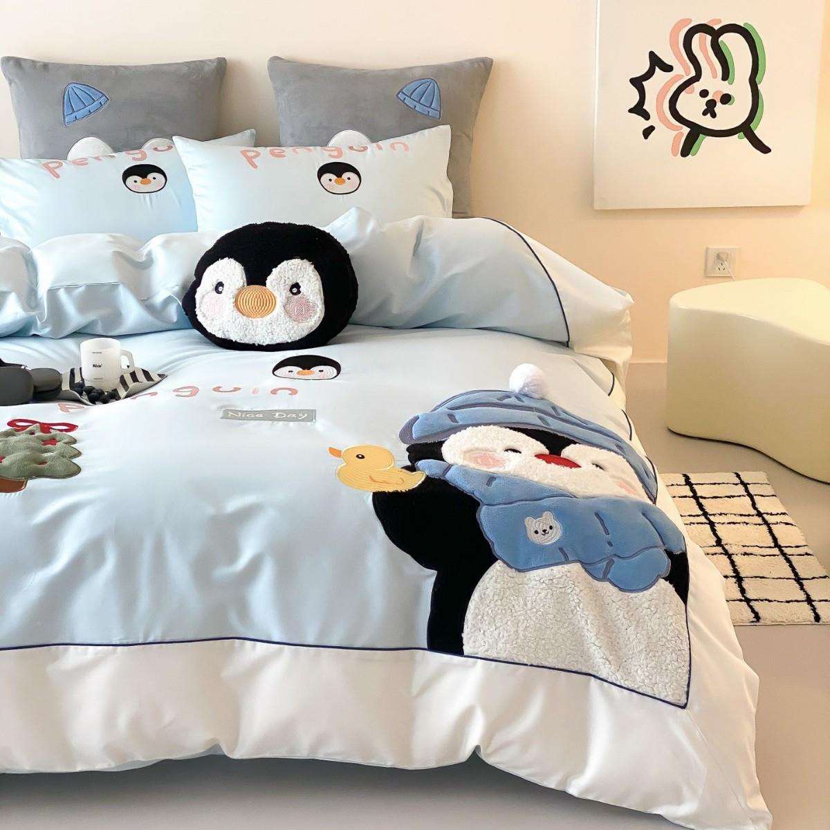 长绒棉儿可爱四件童套被男套孩被XY-9套卡通风小企鹅刺绣床单床上