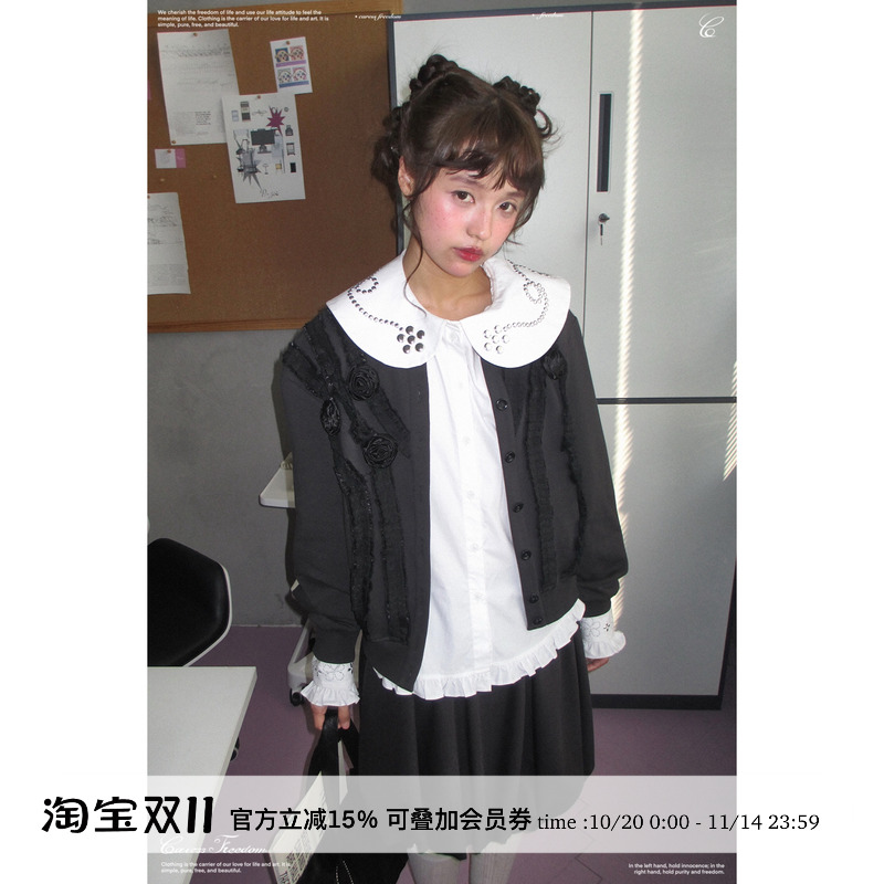 玫瑰花木耳波浪褶棒球夹克外套