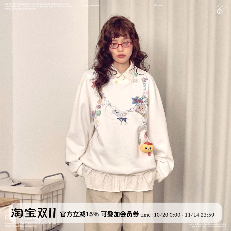 卡通项链印花圆领y2k仿真卫衣