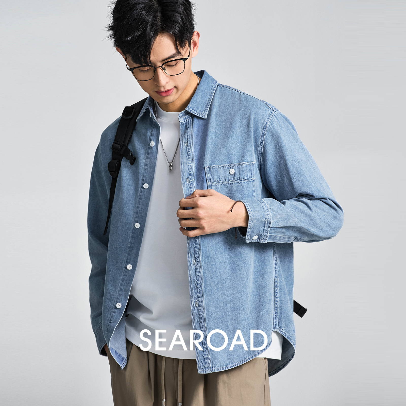 海上公路旗舰店2025春季新款纯棉丹宁衬衫男长袖简约通勤百搭上衣