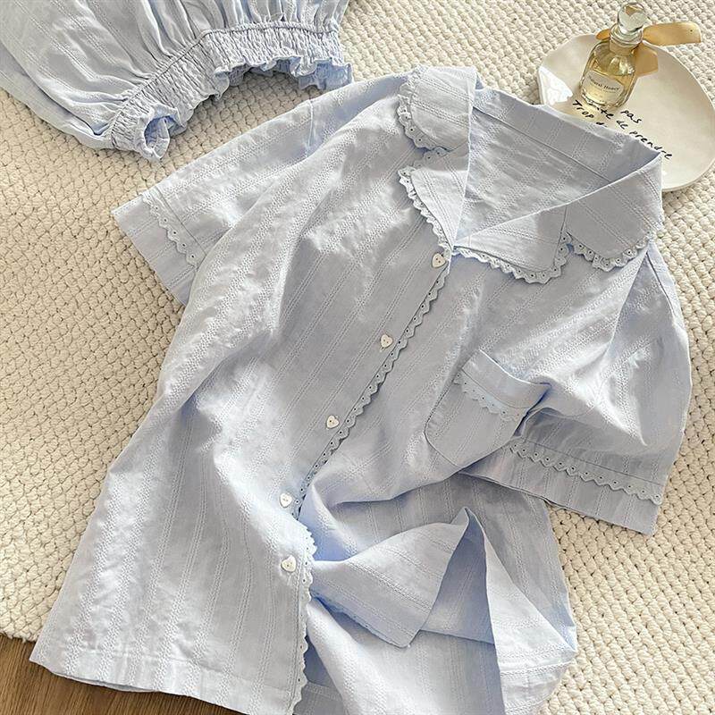 Sin Glee 法式少女蕾丝拼接开衫睡衣女夏季短袖短裤家居服两件套