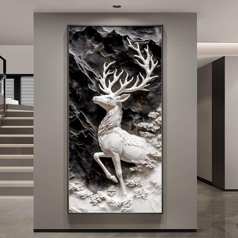 麋鹿挂画玄关装饰画浮雕感肌理画走廊尽头壁画高级感入户正对墙画