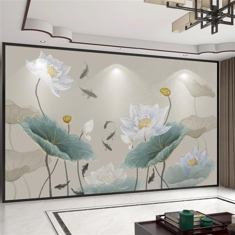 中式雅致荷花电视背景墙自粘3d立体墙贴沙发壁纸九鱼装饰影视墙布