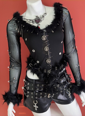 野涩猫*欧美亚文化Y2K千禧辣妹朋克摇滚毛边拼接修身显瘦T恤上衣