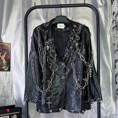 欧美朋克链条重工皮质外套