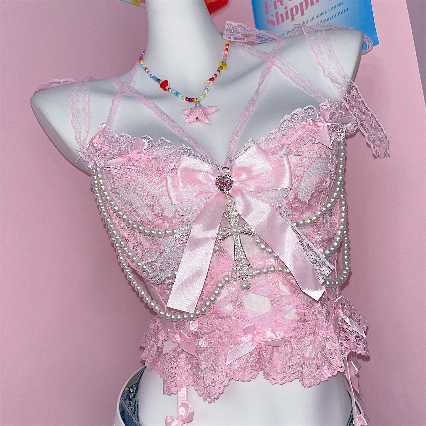 亚文化甜美蝴蝶结蕾丝背心