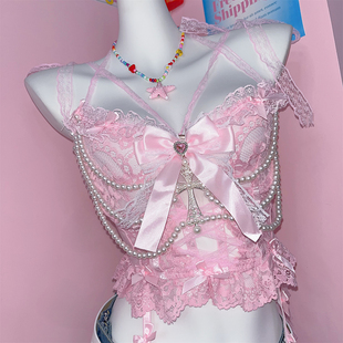 野涩猫 Y2K辣妹性感粉色珍珠甜美蕾丝十字架蝴蝶结亚文化吊带背心