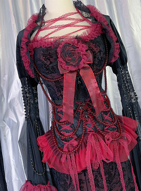 野涩猫小众欧美原创哥特黑红色类似古典朋克亚比玫瑰连衣吊带长裙