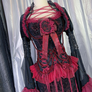 野涩猫小众欧美原创哥特黑红色类似古典朋克亚比玫瑰连衣吊带长裙
