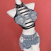 野涩猫Y2K千禧辣妹亚文化骷髅水钻爱心音乐节牛仔两件套装 送腰链