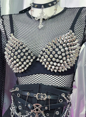 野涩猫*欧美铆钉亚文化摇滚黑色外穿性感叠穿音乐节朋克暗黑胸衣