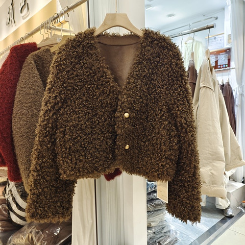 海宁工厂高级感泰迪熊圈圈毛短款皮毛一体秋冬保暖环保羊羔毛外套