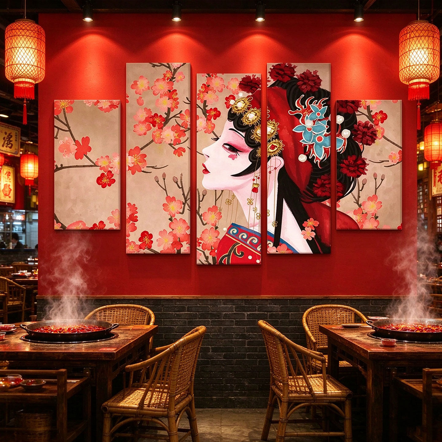 国潮风花旦脸谱挂画新中式火锅店餐饮饭店包间创意墙壁组合无框画