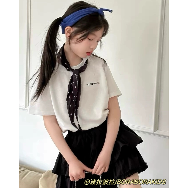 波拉bora儿童装夏季女孩中大童波点丝巾字母刺绣柔软透气短袖T恤