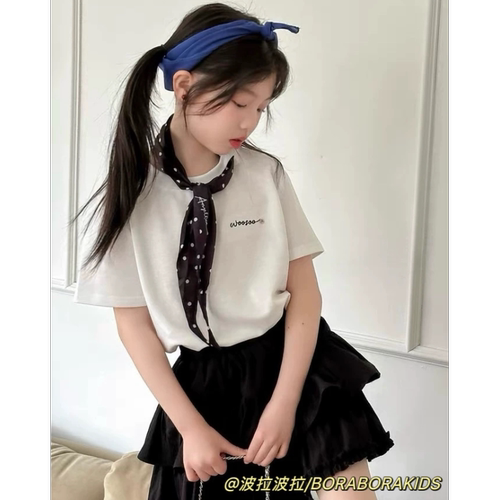 波拉bora儿童装夏季女孩中大童波点丝巾字母刺绣柔软透气短袖T恤