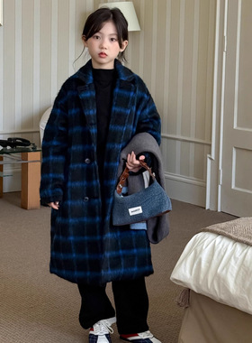 装童装波拉冬季bora女童夹棉蓝色格子外套韩版长款加厚保暖呢大衣