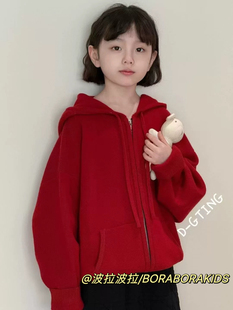 波拉韩国男女孩儿童装亲子冬红色年装款连帽羊毛绒衫毛衣外套开衫