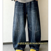 青少年亲子弯刀直筒牛仔裤 现货波拉韩国秋装 男孩女生小中大儿童装