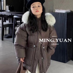 bora儿童大毛领羽绒服2023韩国女童收腰中长款连帽加厚真毛领外套