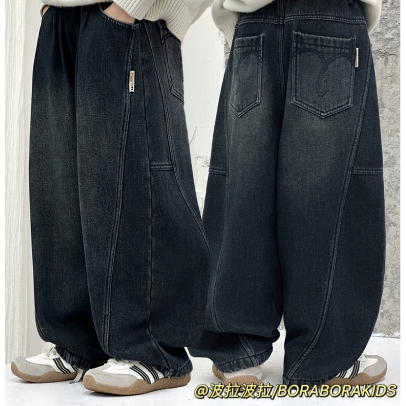 实体店儿童装波拉春冬男女童中大阔腿裤加厚保暖青少年加绒牛仔裤